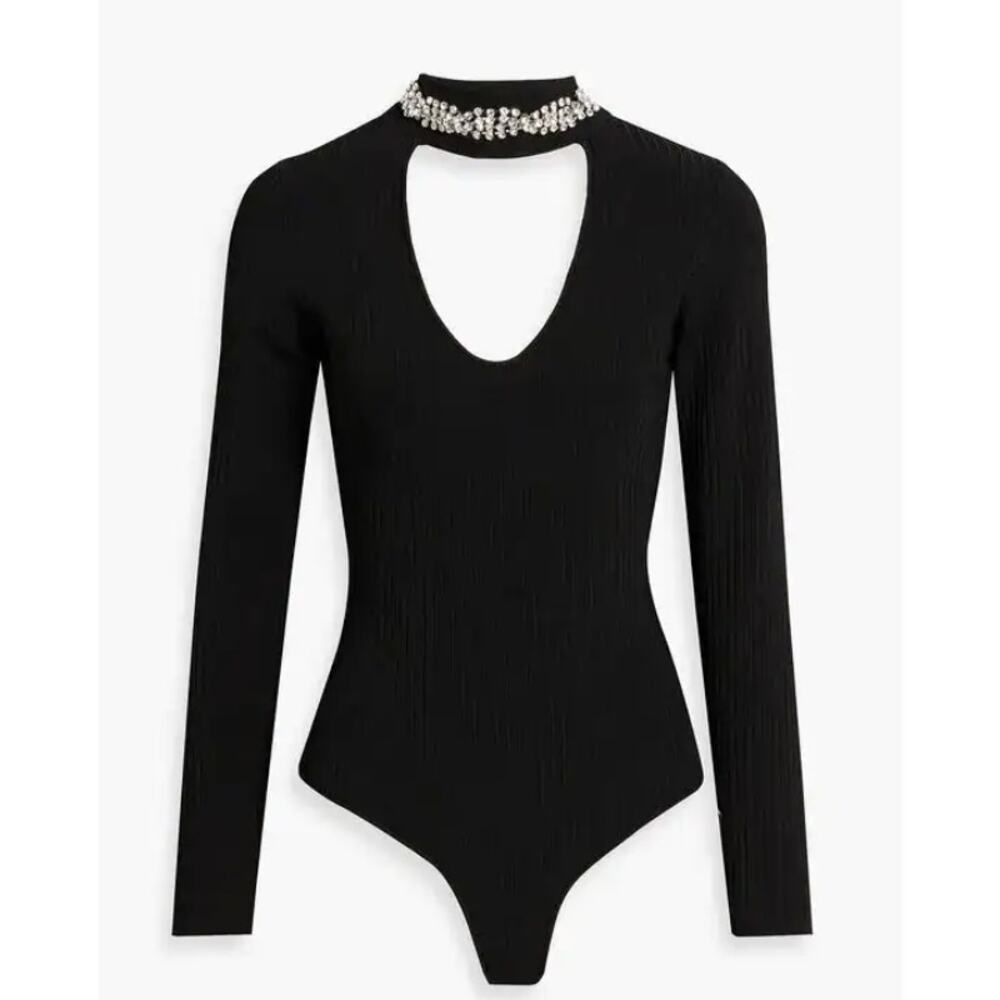 AREA embellished cutout ribbed-knit turtleneck bodysuit in Black (Size Small)